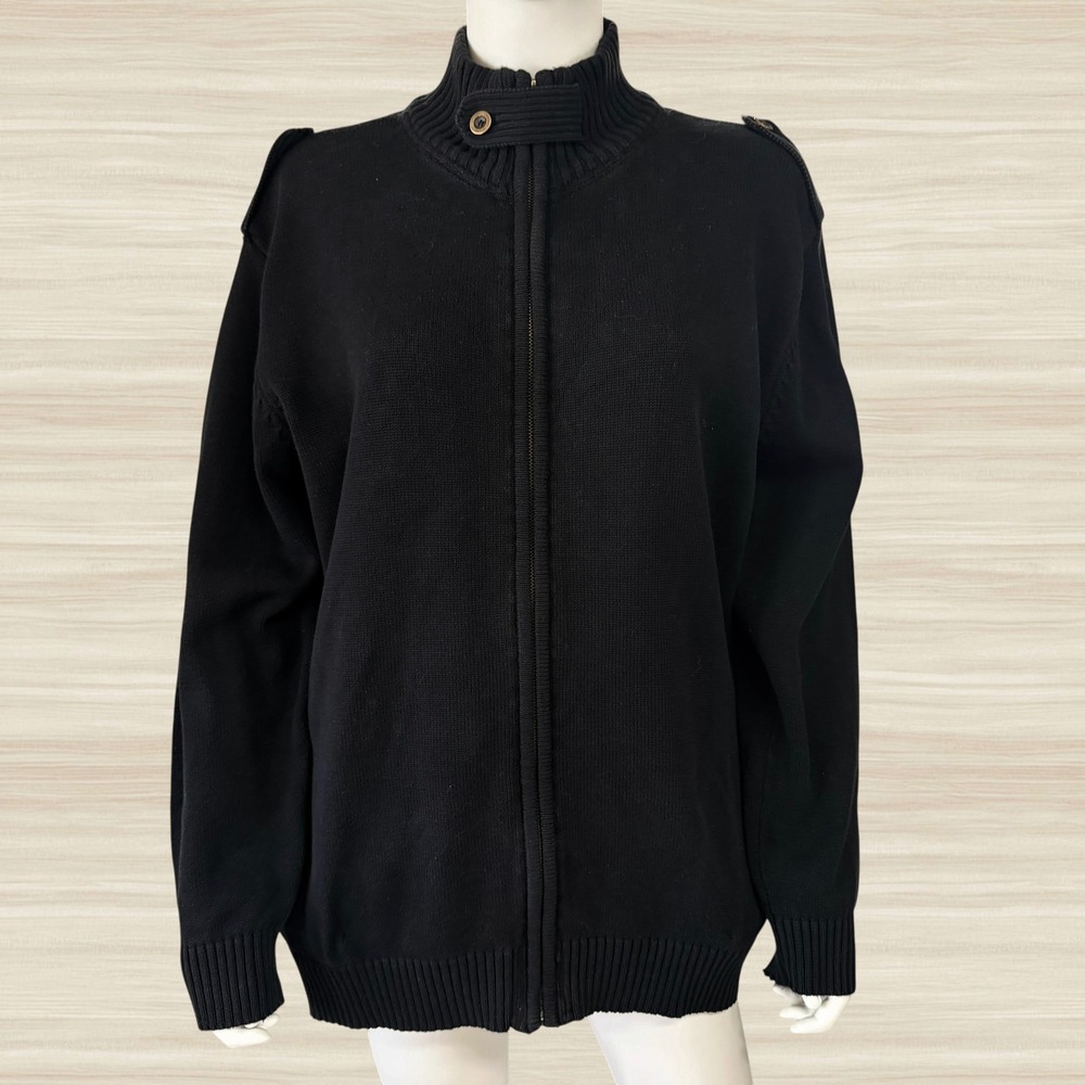Zara Man Full Zip Cardigan Sweater Black Military Epaulet Mock Neck Mens XL